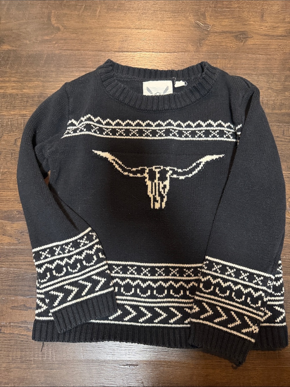 Black Crewneck Sweater with Cream Longhorn Motif
